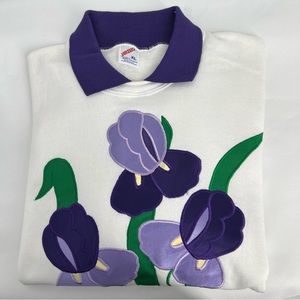 Vintage Jerzees Iris Embroidered Collared Crew Neck Pullover. Size XL